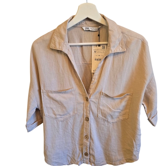 NWT ZARA Button Front Cropped Linen Blouse - Picture 3 of 7